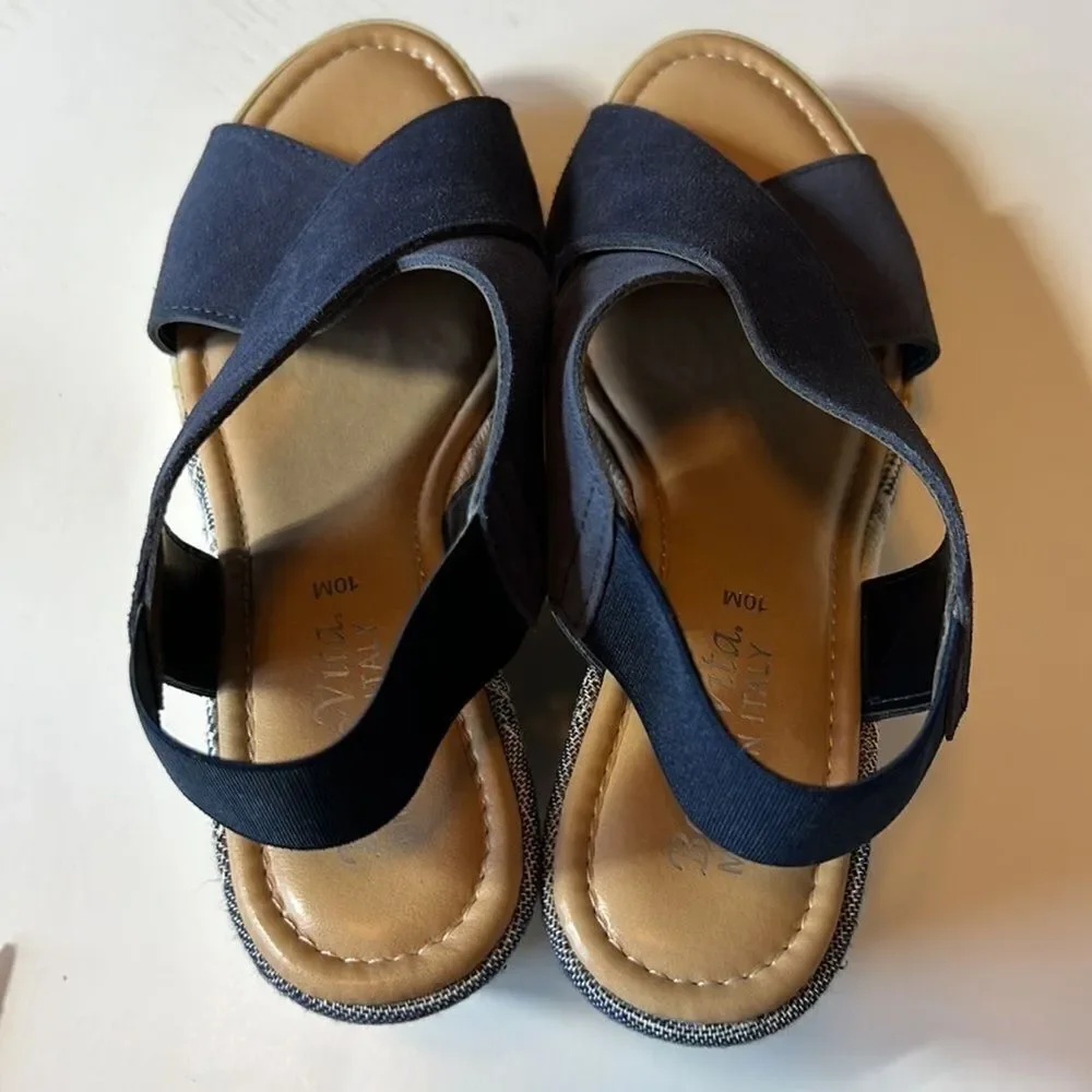 BELLA ~ VITA Women’s Leather Suede Platform Wedge Open Toe Sandal Blue Size 10